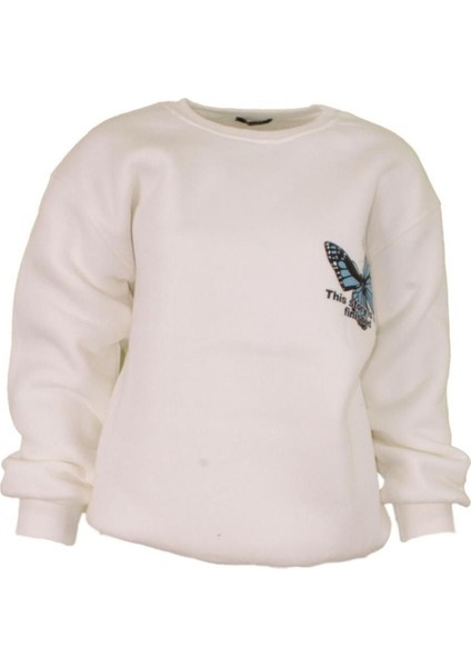 Unisex Oversize 3 Iplik Şardonlu Renkli Kelebek Baskılı Sweatshirt