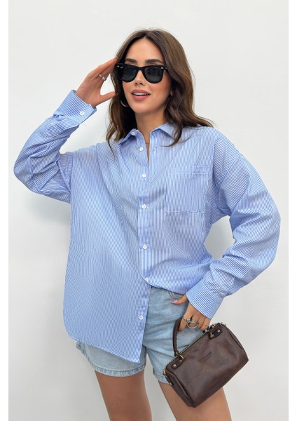 Kadın Gömlek Oversize Boyfriend Cepli Gömlek