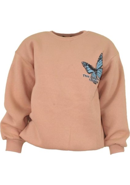 Unisex Oversize 3 Iplik Şardonlu Renkli Kelebek Baskılı Sweatshirt