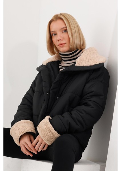 Kadın Yakası ve Kolu Kürk Detay Şişme Mont