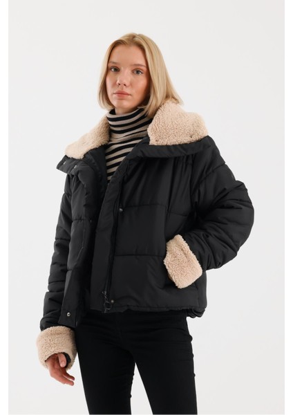 Kadın Yakası ve Kolu Kürk Detay Şişme Mont modelleri