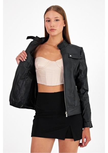 Kadın Dik Yaka Suni Deri Ceket