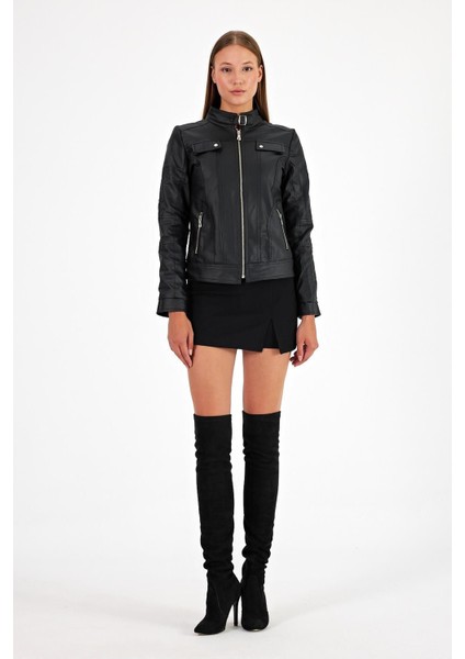 Kadın Dik Yaka Suni Deri Ceket fiyatları