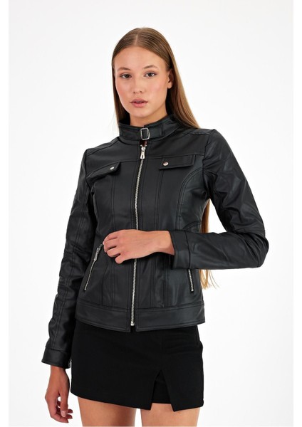 Kadın Dik Yaka Suni Deri Ceket modelleri
