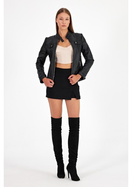 Kadın Dik Yaka Suni Deri Ceket indirimleri