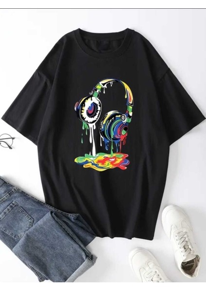 Music Kulaklık Baskılı Ünisex Salaş Oversize Boyfirend T-Shirt