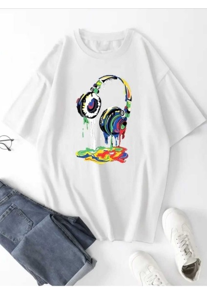 Music Kulaklık Baskılı Ünisex Salaş Oversize Boyfirend T-Shirt