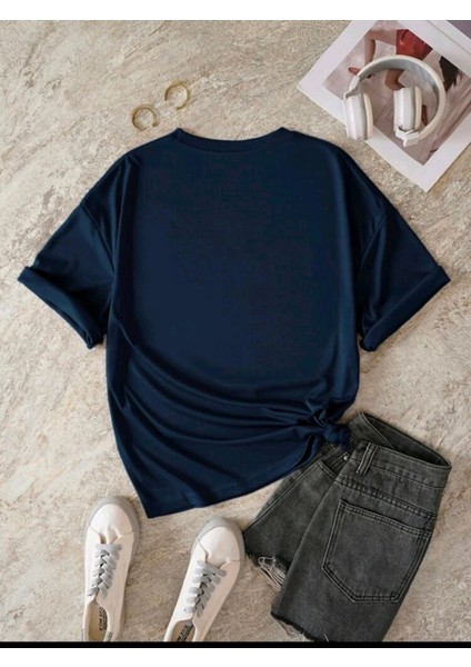 Gülümse Baskılı Lacivert Oversize T-Shirt Salaş Boyfirend
