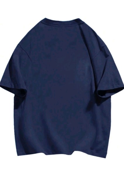 Gülümse Baskılı Lacivert Oversize T-Shirt Salaş Boyfirend
