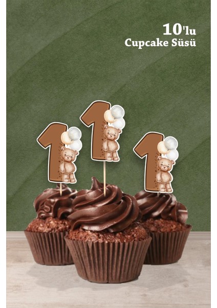 Ayıcık Temalı 1 Yaşında Cupcake Süsü '10LU