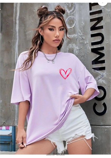 Tiny Heart Baskılı Kadın Oversize Kırmızı Salas T-Shirt Boyfriend
