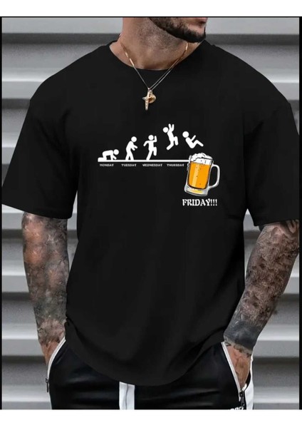 Friday Beer Baskılı Erkek Oversize T-Shirt Salaş Boyfirend