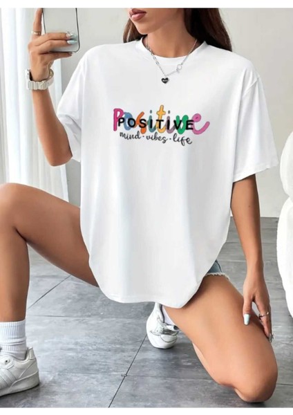 Positive Baskılı Kadın Salaş Oversize Boyfirend T-Shirt modelleri