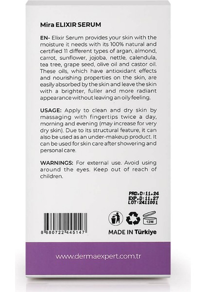 Elixir – İksir Serumu Peptidler, Squalane, Hyaluronik Asit, Vitamin E, Seramid 30 ml