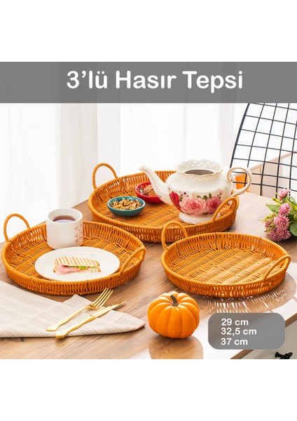 710-D Yuvarlak 3'lü Dekoratif Ev Mutfak Düzenleyici Kulplu Hasır Sepet Tepsi Seti