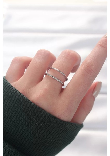 2li Görünümlü Su Yolu Tasarımlı Silver Renk Ayarlanabilir Yüzük