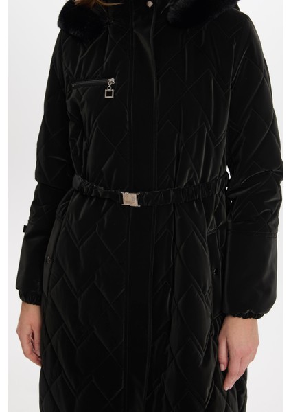 Kürk Detaylı Kapüşonlu Uzun Siyah Şişme Mont 12765 fiyatları