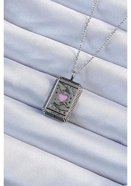 316L Çelik Zincir Eskitme Gümüş Renk Pembe Mineli Kalp Figürlü Tarot Kolye