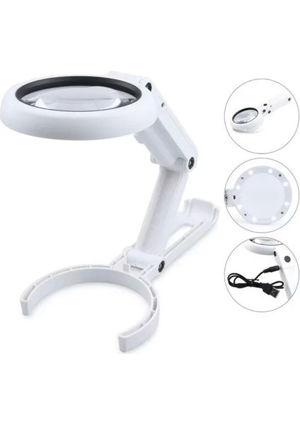 USB Şarj Edilebilir Katlanabilir 3.510X Büyüteç 8 Ledli Masa ve Eliçin Taşınabilir Büyüteç FS90RC
