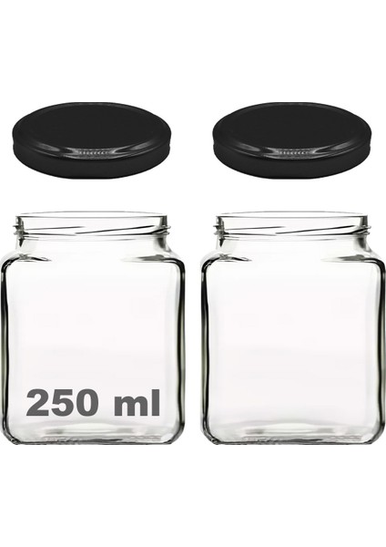 250 ml Metal Siyah Kapaklı Kare Kavanoz 250 cc Şeffaf Köşeli Kavanoz 2 Adet