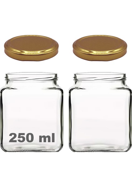 250 ml Metal Gold Kapaklı Kare Kavanoz 250 cc Şeffaf Köşeli Kavanoz 2 Adet
