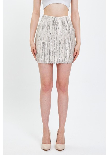 Ekru Pul Payet Işleme Mini Etek