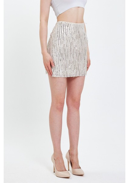 Ekru Pul Payet Işleme Mini Etek fiyatları