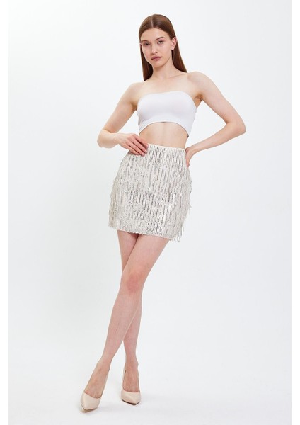 Ekru Pul Payet Işleme Mini Etek modelleri