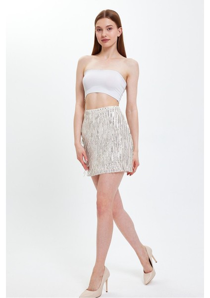 Ekru Pul Payet Işleme Mini Etek fırsatları