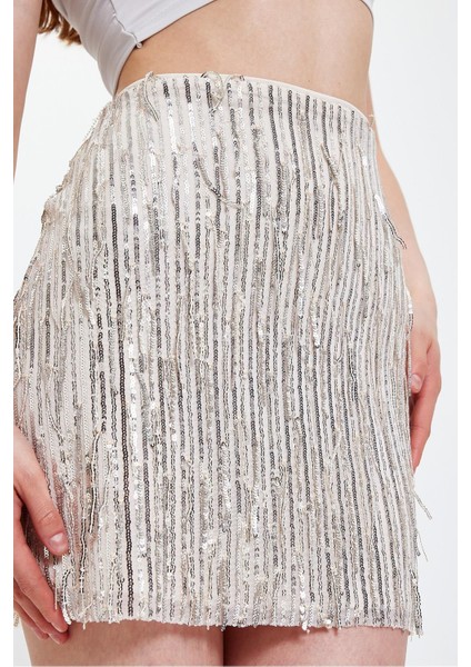 Ekru Pul Payet Işleme Mini Etek indirimleri