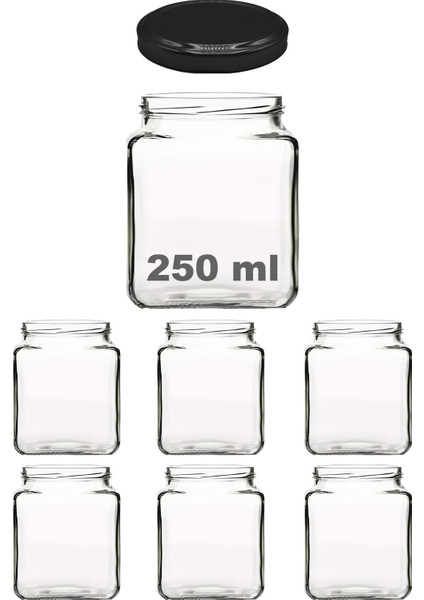250 ml Metal Siyah Kapaklı Kare Kavanoz 250 cc Şeffaf Köşeli Kavanoz 6 Adet