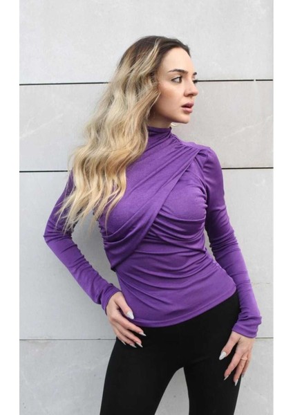 Yarım Boğaz Büzgülü Uzunkollu Sandy Bluz