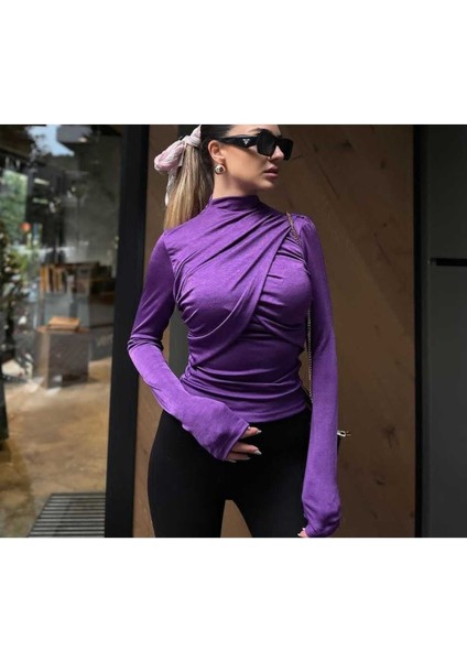 Yarım Boğaz Büzgülü Uzunkollu Sandy Bluz modelleri