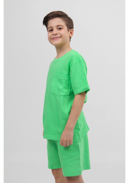 Waffle Dokulu Cepli Tshirt ve Şort Erkek Çocuk Takım Yeşil