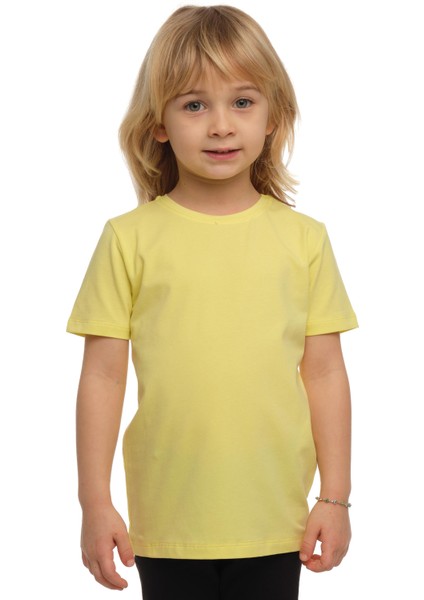 Açık Sarı Basic Unisex Çocuk Sıfır Yaka Kısa Kollu Tişört