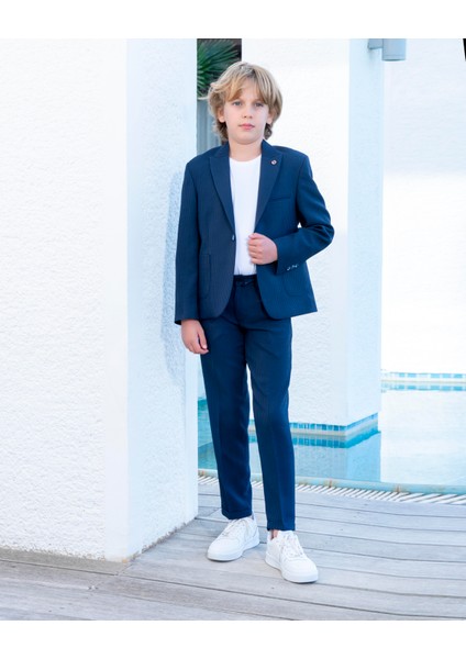 Erkek Çocuk Lacivert Takım Elbise Gofi Spor Takım Ceket Pantolon Tişort 3-14 Yaş