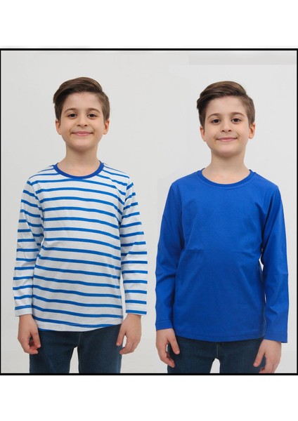 2'li Bisiklet Yaka Uzun Kollu Çizgili ve Düz Unisex Çocuk Sweatshirt Mavi Beyaz