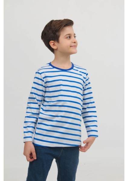 2'li Bisiklet Yaka Uzun Kollu Çizgili ve Düz Unisex Çocuk Sweatshirt Mavi Beyaz