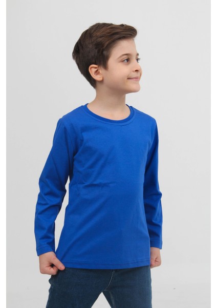 2'li Bisiklet Yaka Uzun Kollu Çizgili ve Düz Unisex Çocuk Sweatshirt Mavi Beyaz
