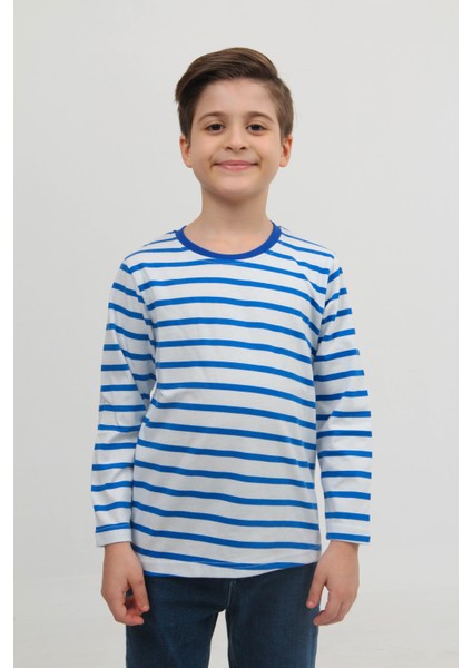 2'li Bisiklet Yaka Uzun Kollu Çizgili ve Düz Unisex Çocuk Sweatshirt Mavi Beyaz