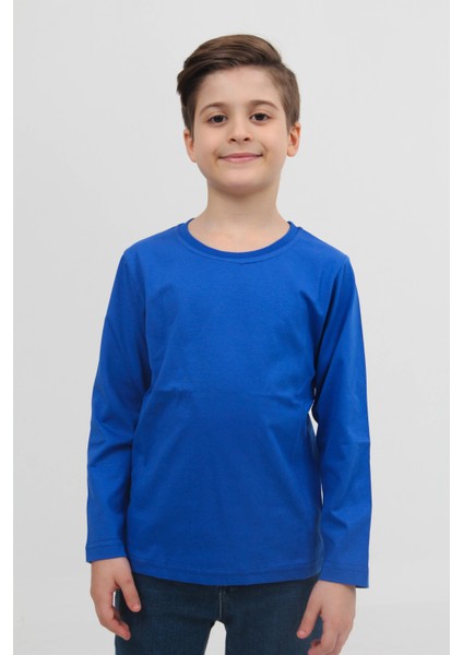 2'li Bisiklet Yaka Uzun Kollu Çizgili ve Düz Unisex Çocuk Sweatshirt Mavi Beyaz