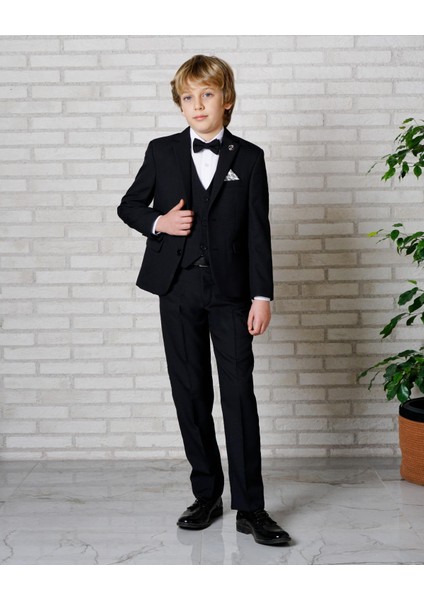 Erkek Çocuk Takım Elbise Siyah Ceket-Yelek-Gömlek-Pantolon -Papyon Takım Elbise 3-14 Yaş