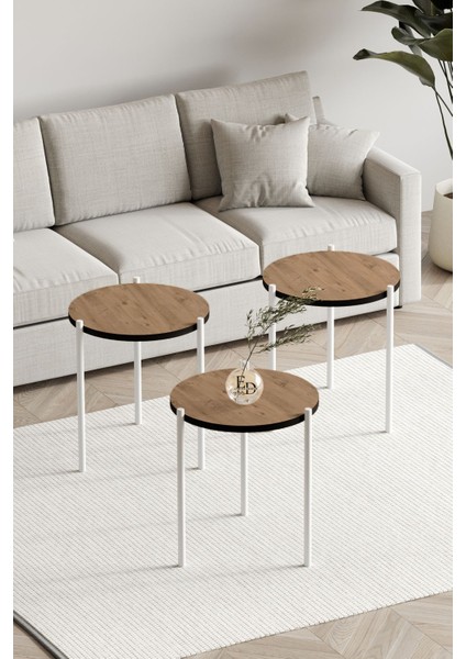 Nice 3'lü Zigon Sehpa Takımı Beyaz Metal - Atlantik Çam Tabla