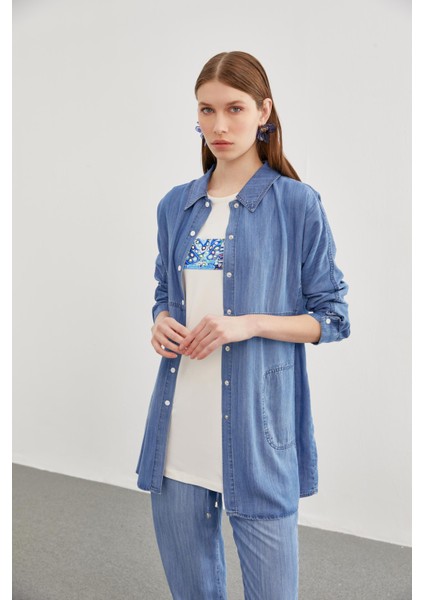 Denim Gömlek Bluz Mavi Ikili Takım TK-1254