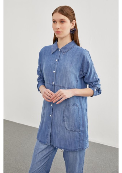 Denim Gömlek Bluz Mavi Ikili Takım TK-1254 modelleri