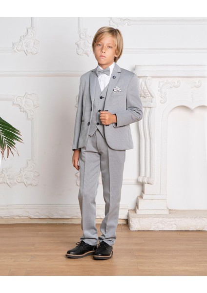 Erkek Çocuk Takım Elbise Gri 5 Li Ceket-Yelek-Gömlek-Pantolon-Papyon Takım Elbise 5-12 Yaş