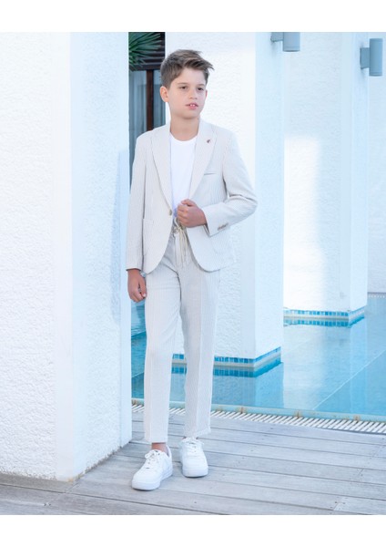 Erkek Çocuk Bej Takım Elbise Gofi Spor Takım 3-14 Yaş Ceket Pantolon Tişort 3-14 Yaş