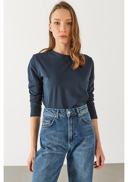 Gloria Bisiklet Yaka Regular Fit Uzun Kollu Basic Tişört - Lacivert