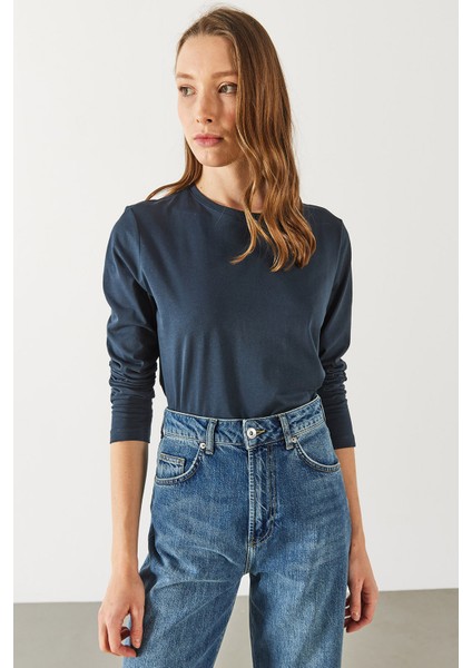 Gloria Bisiklet Yaka Regular Fit Uzun Kollu Basic Tişört - Lacivert fiyatları