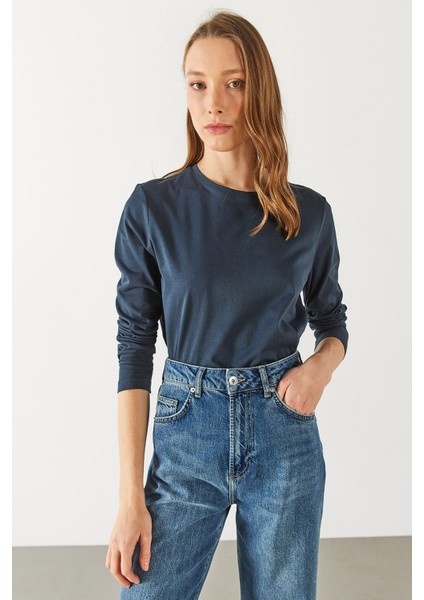 Gloria Bisiklet Yaka Regular Fit Uzun Kollu Basic Tişört - Lacivert modelleri